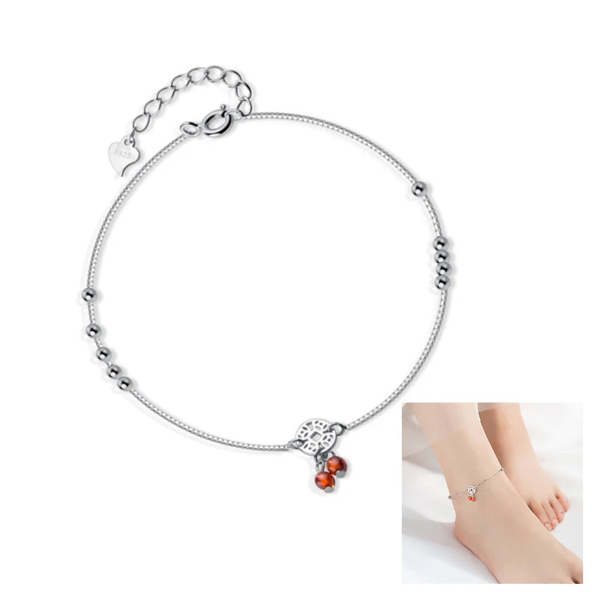 Sterling Silver Beaded Charm Anklet Handmade Jewelry Accessories for Women Platinum Plated Gift