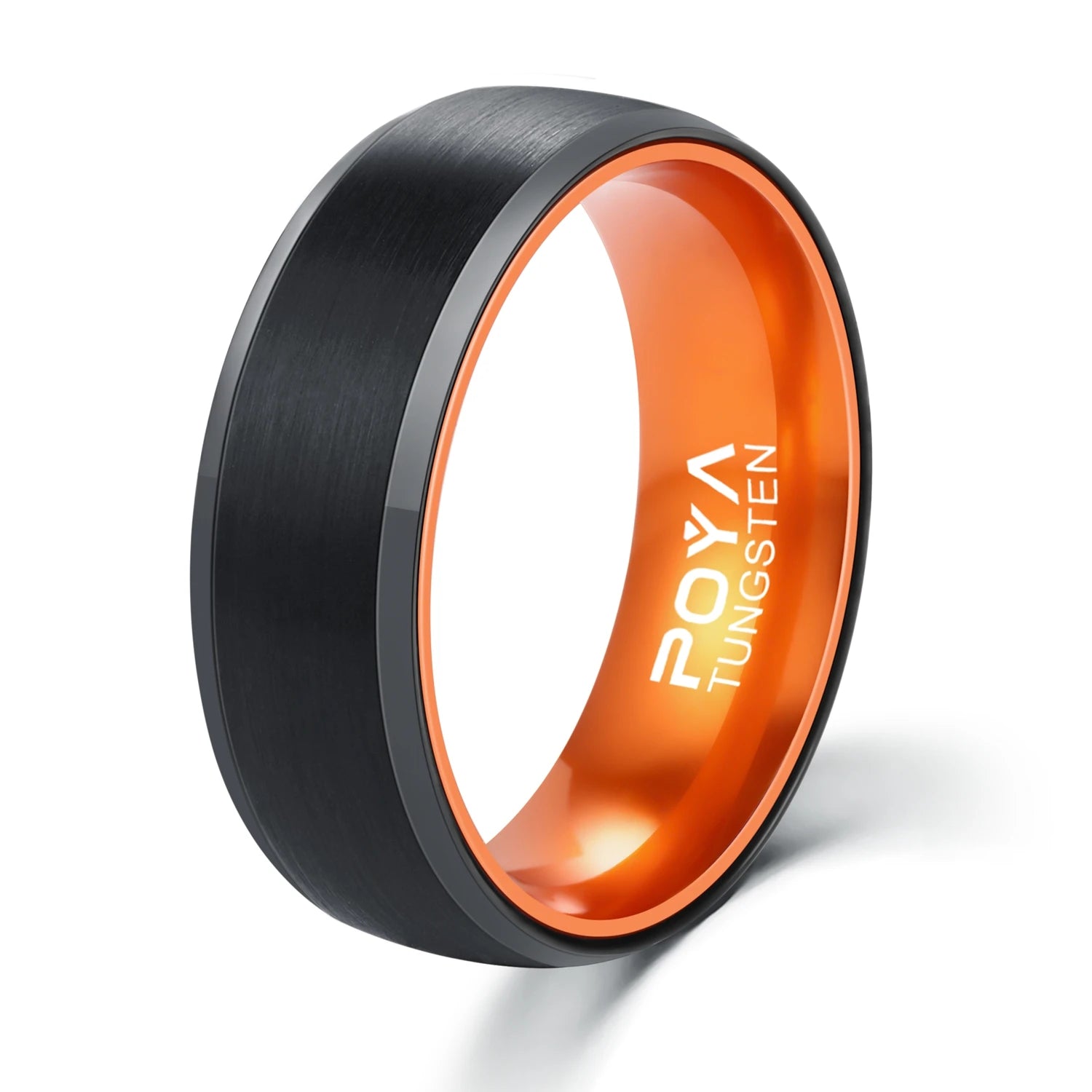 POYA 8mm Black Tungsten Shell With Interior Anodized Orange Aluminum Inset Mens Wedding Ring
