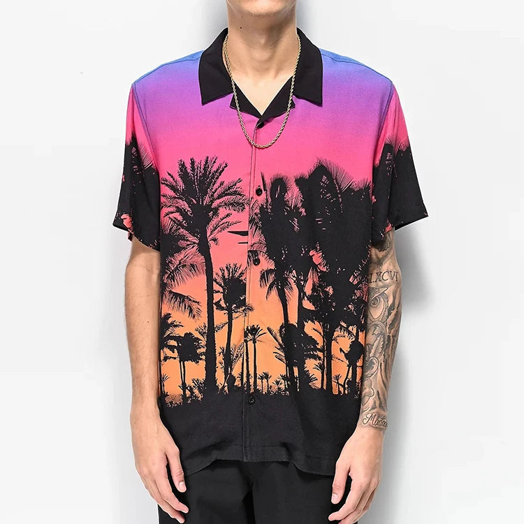 Hot Sale Best Quality Gradient Color Lapel Collar Summer Printed Casual Button Men's Shirt