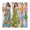 Summer Ladies Casual V Neck Floral Print Long Dress Spaghetti  Woman Maxi Bohemian Floral Dress