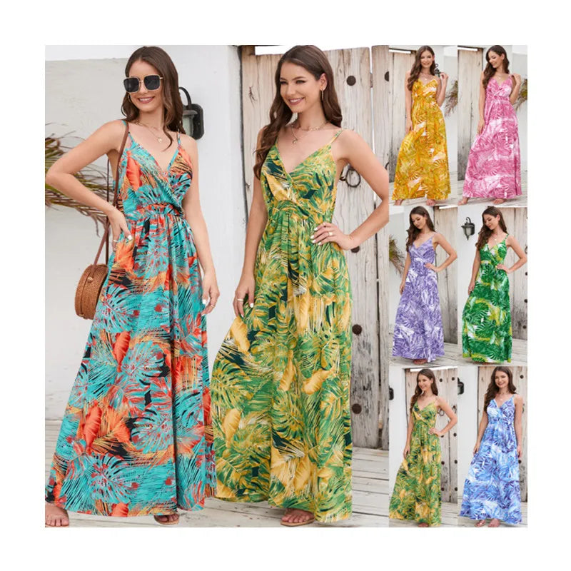 Summer Ladies Casual V Neck Floral Print Long Dress Spaghetti  Woman Maxi Bohemian Floral Dress