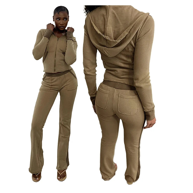 KY Femme Raw Edge Retro Streetwear Flare Sweatpants Distress Khaki Side Panel  Embroidered Custom logo Sweatsuits