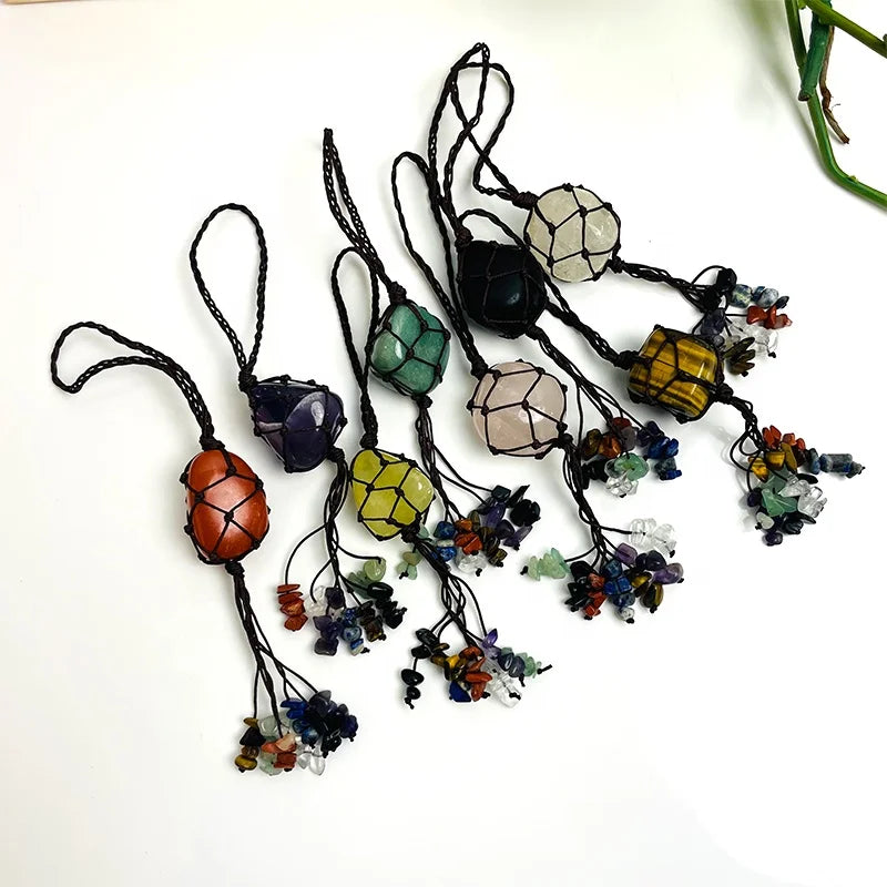 Wholesale Fashion Handwoven Natural Stone Crystal Fringe Pendant Car Rearview Mirror Pendant Hanging Bag Decoration
