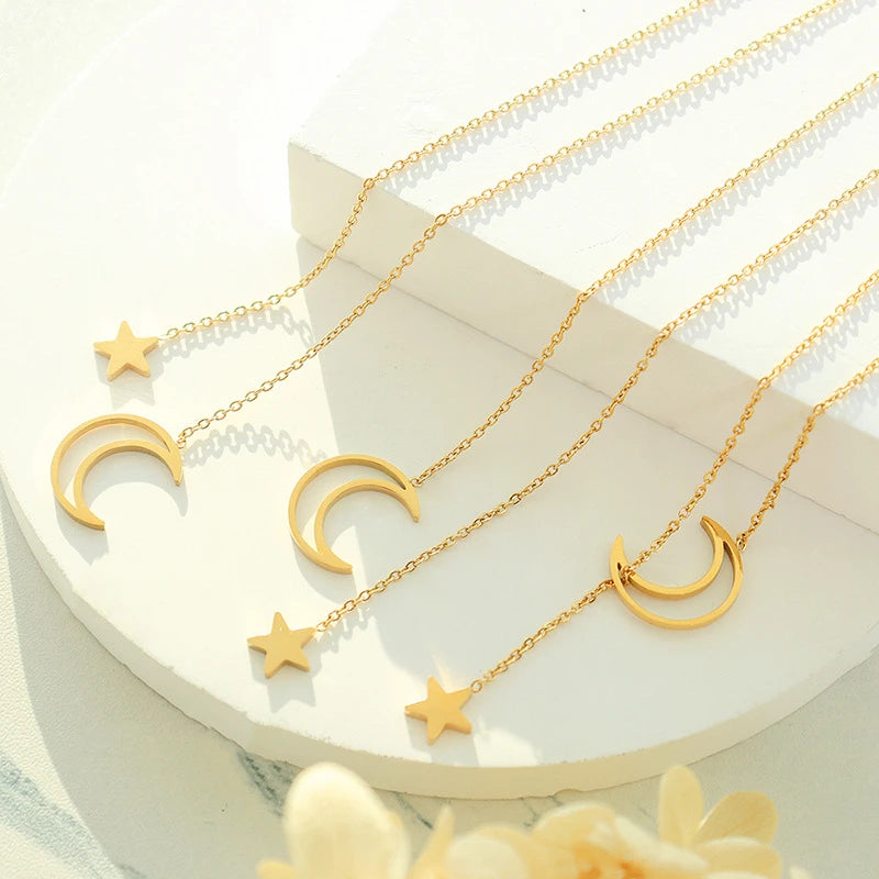 Fashion Trendy Stainless Steel Y Shaped Tassel Hollow Moon Star  Clavicle Necklace for Valentine's Day