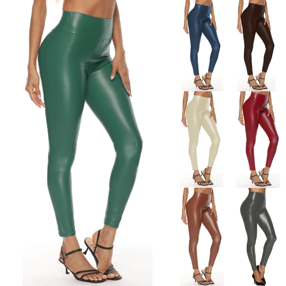 50%OFF S-5XL Women's High Waist Leather Pants Large Size Elastic Butt Lift Solid Color Leather Pants Bright Multicolor Optional
