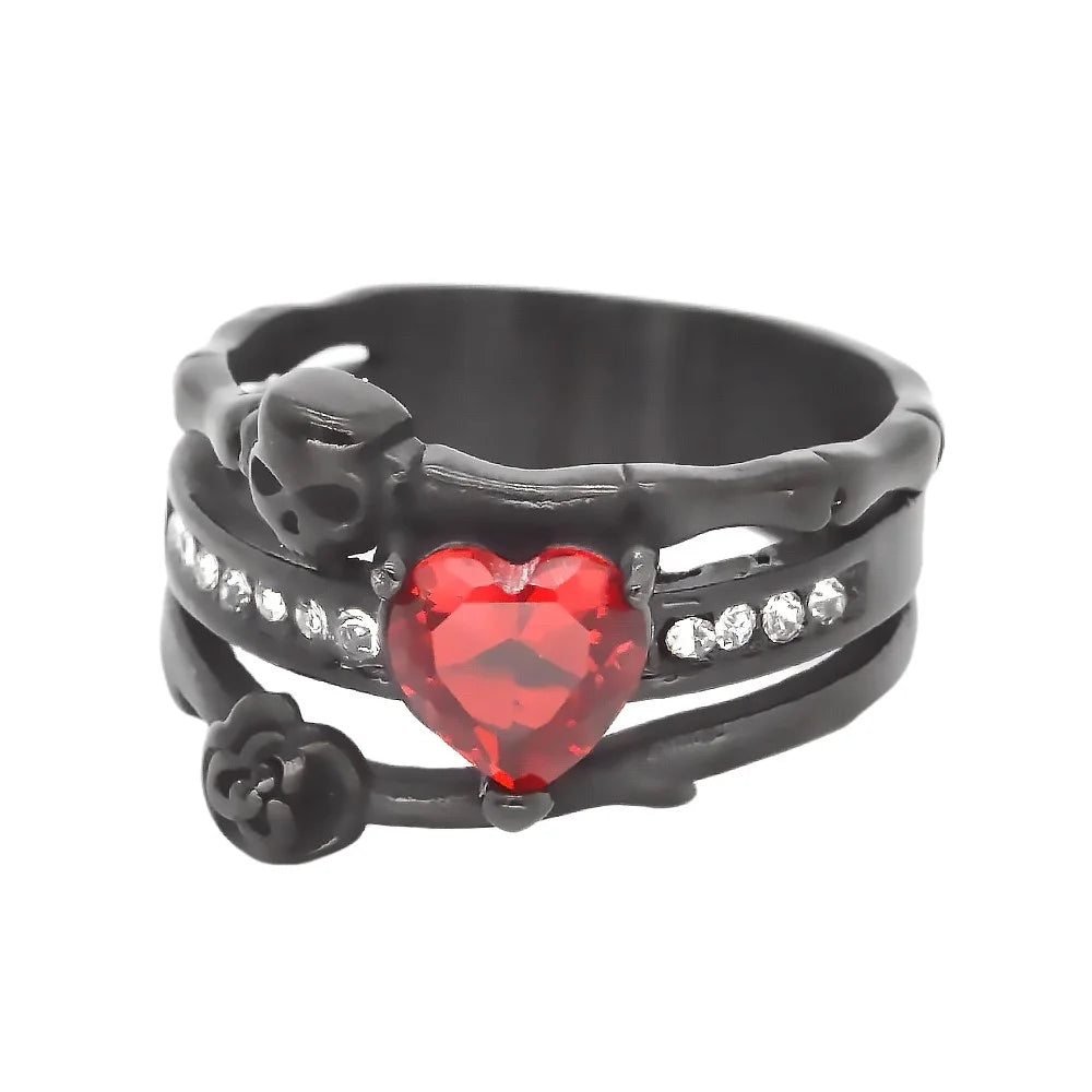 Unique Red Stone Rose Ring Stainless Steel Black Ring Diamonds Skull Red Heart Zircon Women Jewelry Wedding Ring