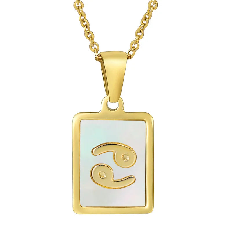 Square 18k Gold Plated Stainless Steel Zodiac Necklaces for Women Charm Shell Pendant Necklace 12 Zodiac Sign Jewelry Gift