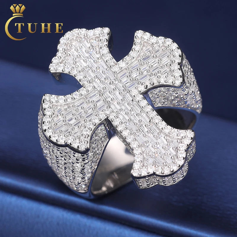 Luxury Hip Hop Style Rapper Jewlery Real 925 Pure Silver Cross Ring Baguette Vvs D Moissanite Diamond Ring