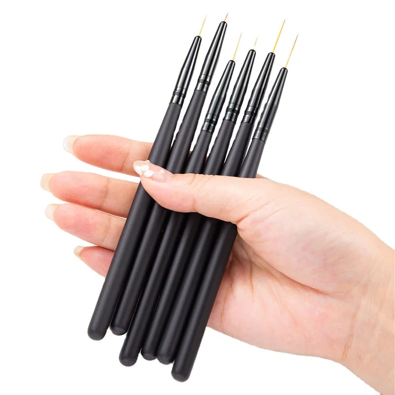Wood Handle 6/9/12/15/18/24mm Black Soft Nylon Thin Hair Nail Art Super Liner Brush Set