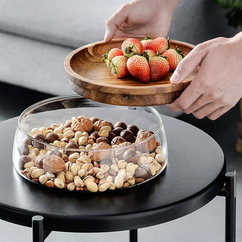 Hot Selling European Creative Double Glass Dried Fruit Melon Seeds Nuts Wooden Candy Storage Glass Plate with Fruit Design