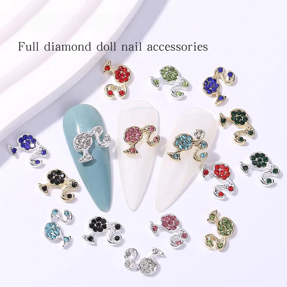 Full Diamond Doll Nail Accessories Metal 3D Alloy Kawaii Cute Cartoon Beauty Girl Head Rhinestones Decoration Nail Art Charms