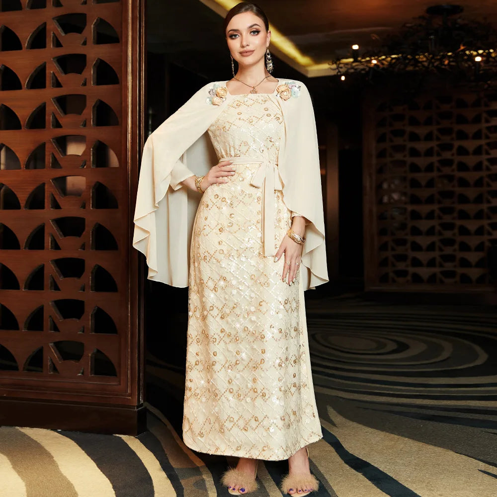 Luxury Diamond Designer Kaftan with Cloak Dubai Evening Islamic Clothing Muslim Dresses for Women