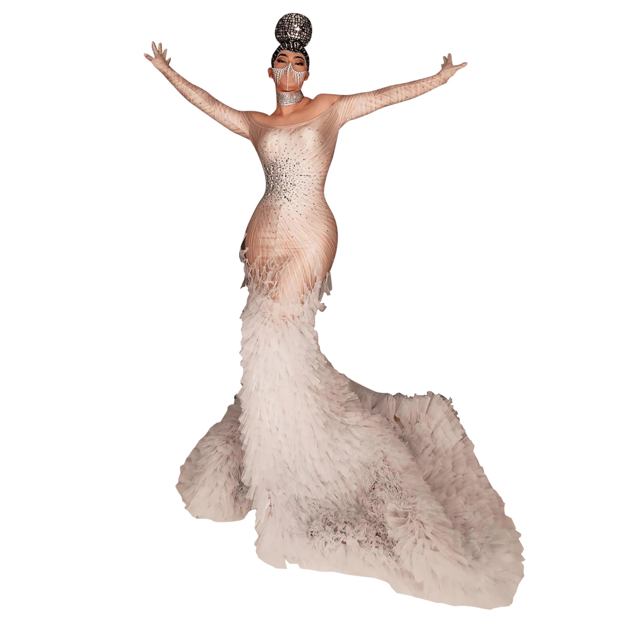 Designer Elegant Floor Length Rhinestones Slash Neck Evening Gown Women Stage Costumes Ruffles Mermaid Wedding Party Dress
