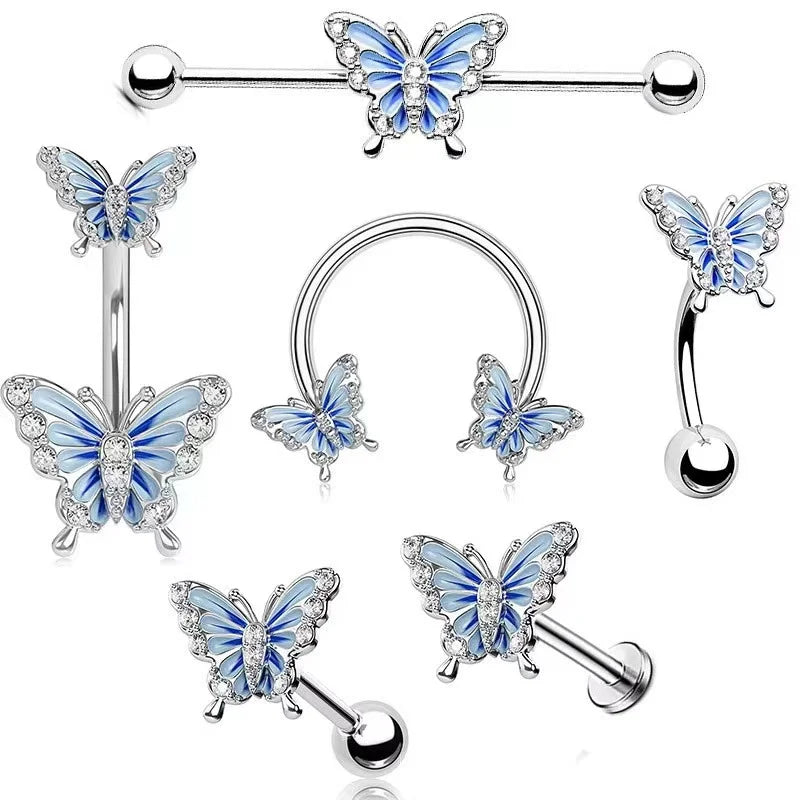 Gaby Industrial Fashion Body Piercing Jewelry Set Zircon Belly Button Ring with Butterfly Horseshoe Labret Cartilage for Wedding