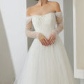 Jancember QW01121 Elegant Off the Shoulder Half Sleeve Boat Neck Organza Sequins A-lione Wedding Dress