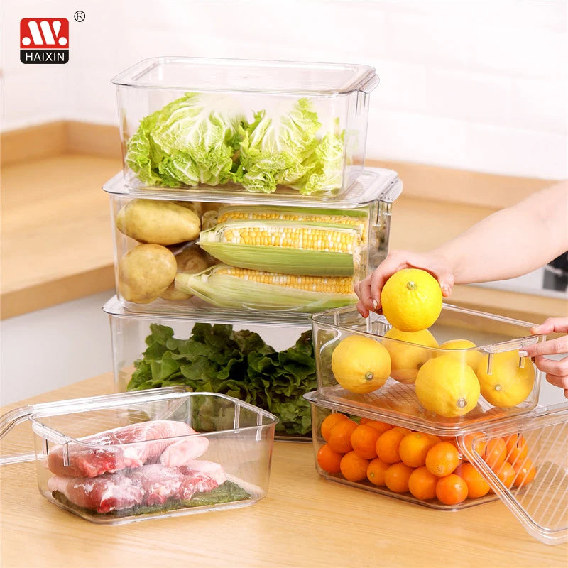 PET Fridge Kitchen Organizer Plastic Food Storage Container Set Storage Box Bin clear Fruit Food Storage Crisper Box with Basket