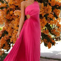 Elegant Pleated Evening Dress with One-Shoulder and Waist Cut-Out Summer Dress