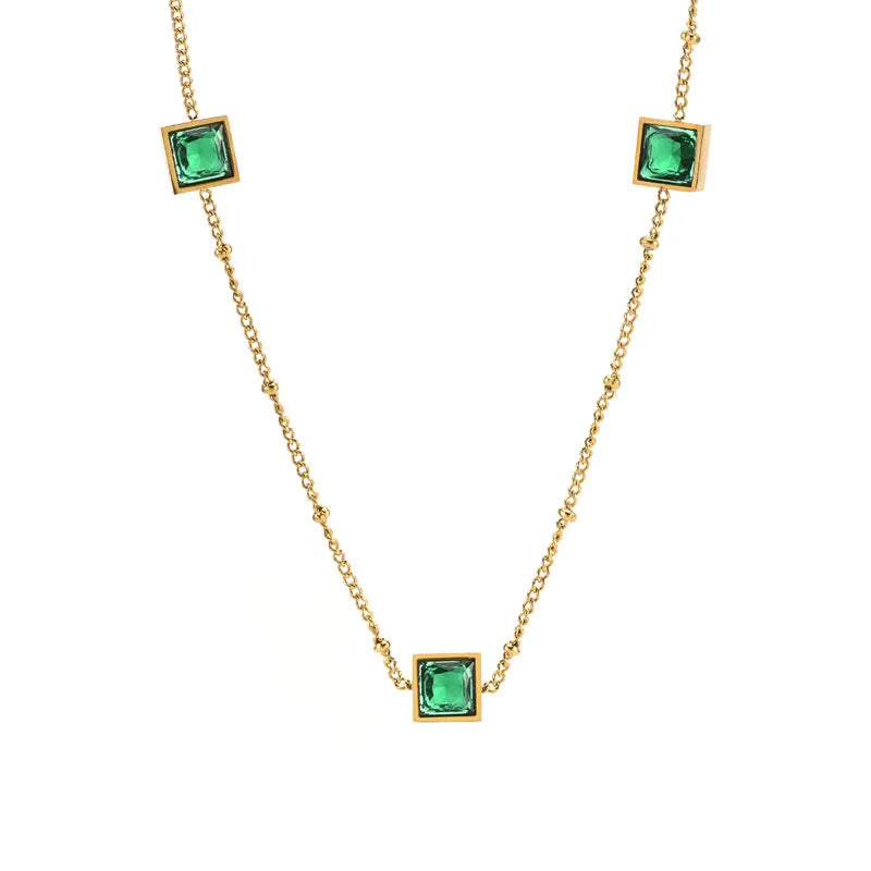 Stainless Steel Square Diamond Pendant Necklace Geometric Green Crystal Necklace for Women