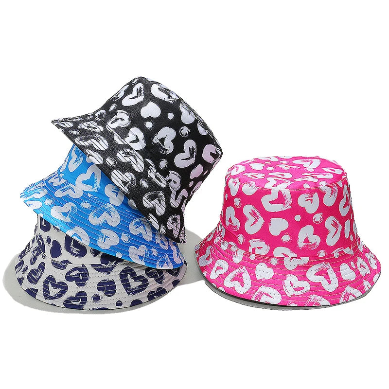 Landfond Hat Female Ins Japanese and Korean Style Trend Sun-proof Sun Hat Couple love Printing Bucket Hat