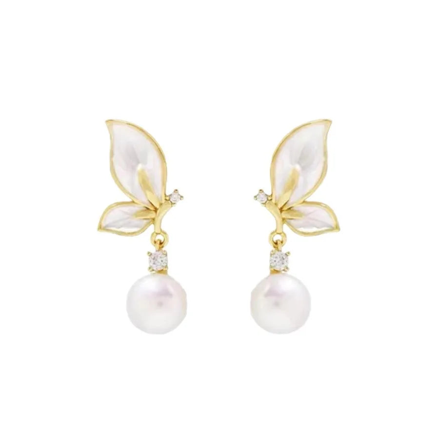 Women's New S925 Silver Needle Freshwater Pearl Earrings with Zircon Pendant Butterfly Shape Made of Brass for Parties