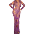 Fashion Purple Rhinestones Hollow Out Bodycon Long Evening Gown Women Sexy Floor Length Wedding Party Dress Maxi Club Prom Dress
