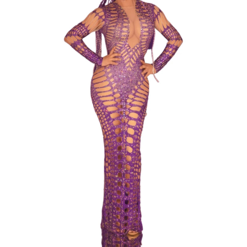 Fashion Purple Rhinestones Hollow Out Bodycon Long Evening Gown Women Sexy Floor Length Wedding Party Dress Maxi Club Prom Dress