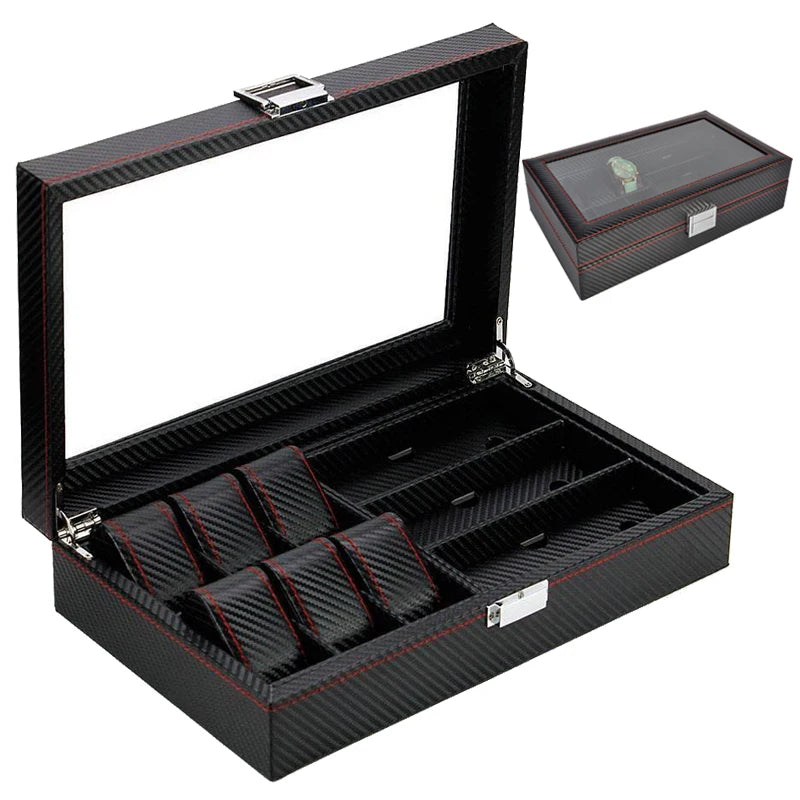 Wholesale Custom Luxury Carbon Fiber Leather 6 Slot Watch 3 Slot Sunglasses Box Glass Top