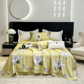 King Size Yellow Home Textile Summer Bedding Sets 100% Lyocell Fiber Flower Printing Quilt Sets