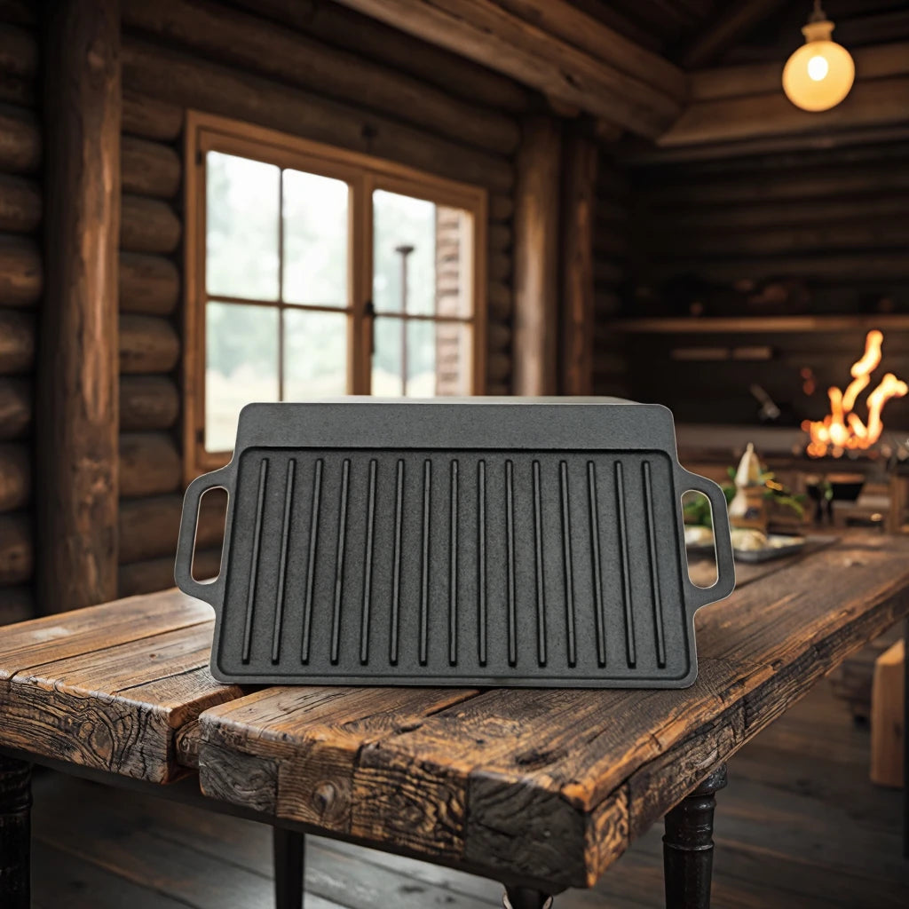 Factory Wholesale High Quality Non Stick Cast Iron Double Sided Grill Pan Barbecue Camping Cast Iron Cookware