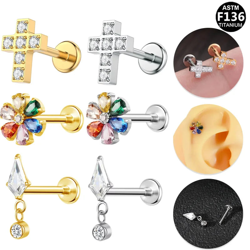 Gaby Lip Ring Internal Thread Flower Cross 16G G23  ASTM F136 Titanium Body Jewelry Wholesale Ear Piercing Jewelry