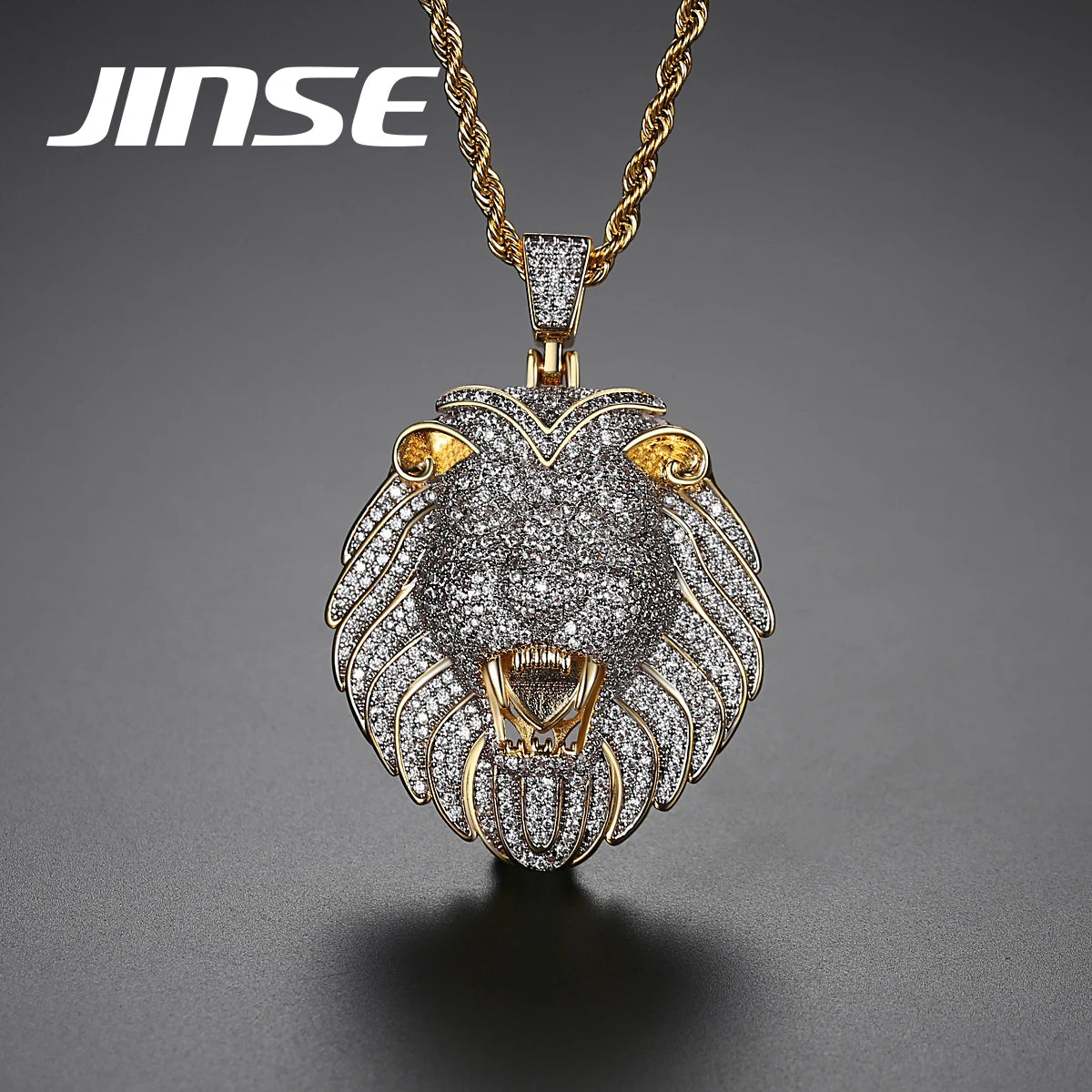 JINSE New Design Lion Head Cubic Zircon Pendant Necklace Cool Big Pendant HipHop Jewelry for Men Women 2020