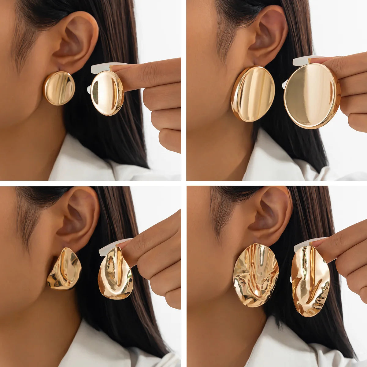 Exaggerated Irregular Smooth Oval Round Stud Earrings Metallic Pleated Fashion Earrings for Women