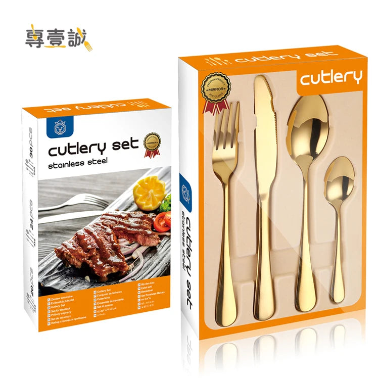 Wholesale 24pcs Luxury Silverware Stainless Steel Western Steak Gold Cutlery Set With Box