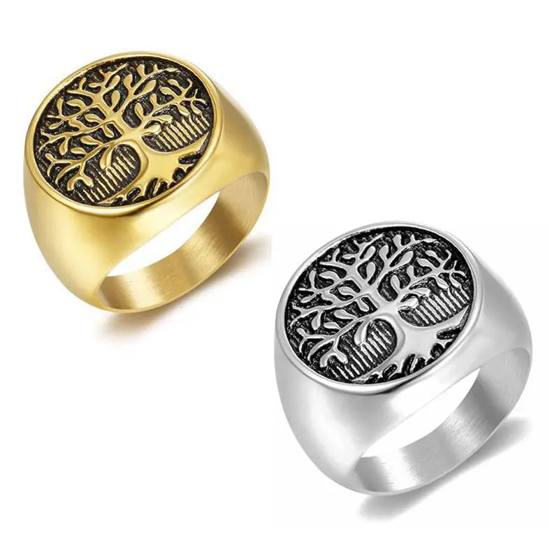 Duyizhao New Hip Hop Jewelry Titanium Steel Gold Plated Oiling Life Tree Men Personality Charm Ring