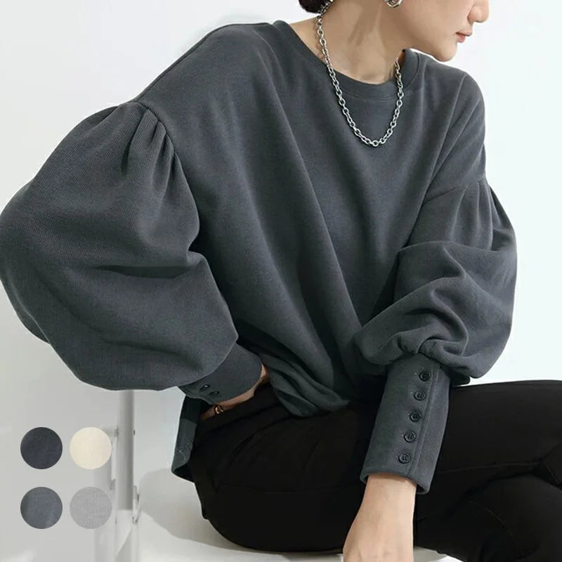 Boutique Wholesale 2026 Spring New Product Simple Lantern Sleeves Solid Color Loose Round Neck Women's Sweatshirts