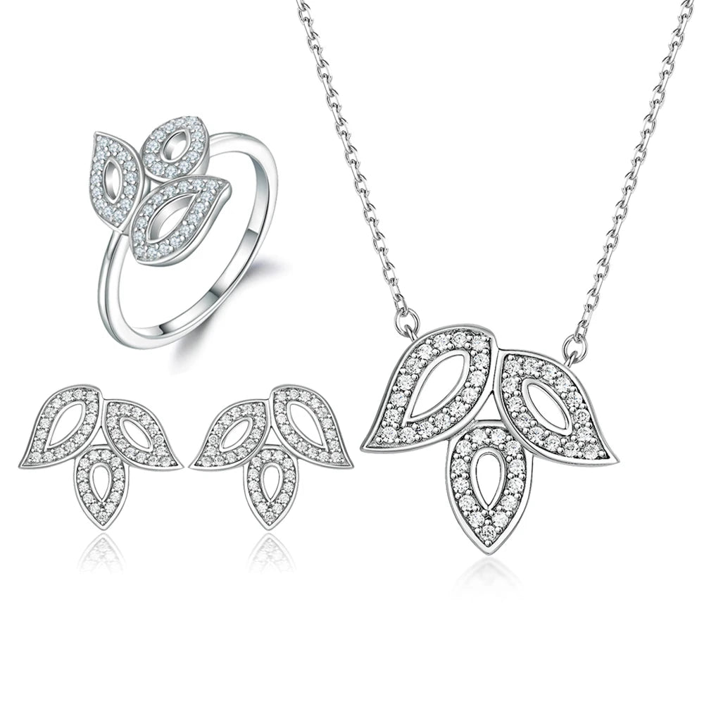 Wholesale Delicate 925 Sterling Silver Cubic Zirconia Fashion Leaf Jewelry Set for Women