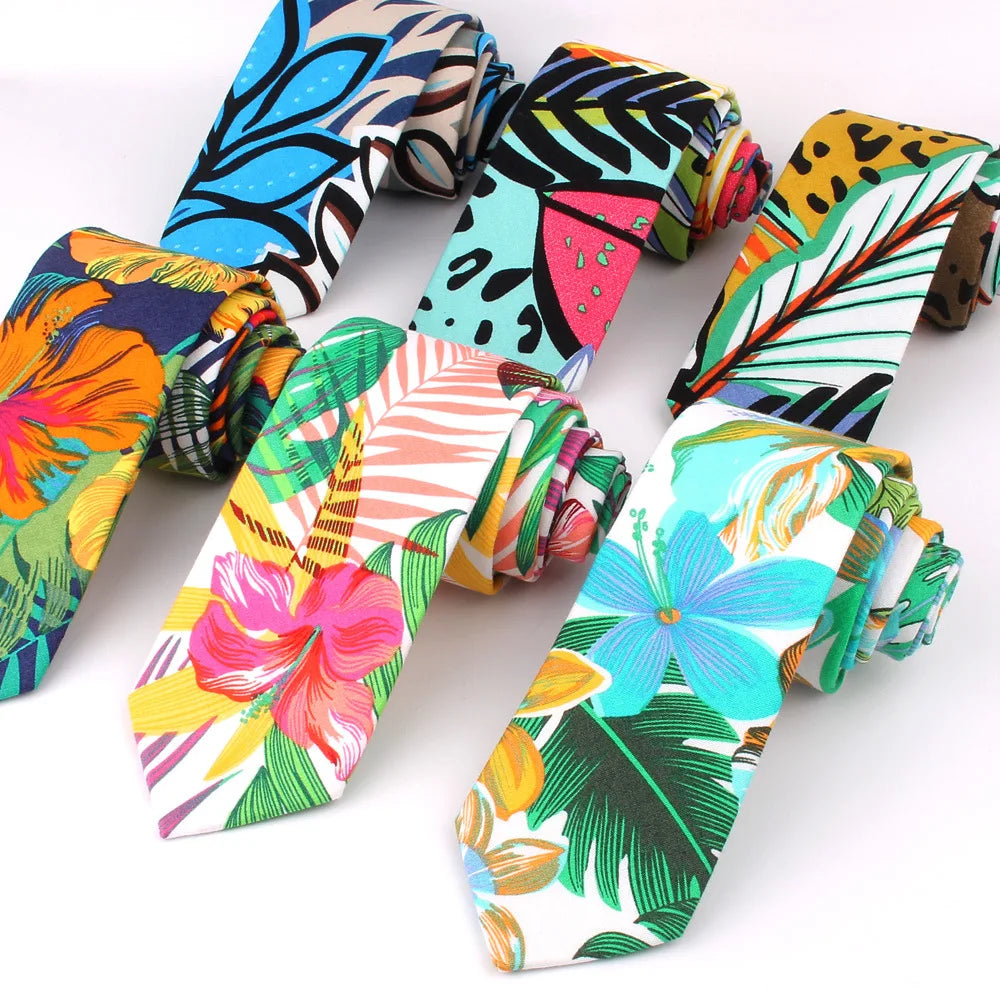 Floral Tie for Young Men Printed Cotton Necktie Pocket Square Set 6cm Skinny Necktie Wedding Party Dress Cheap Custom Tie Cravat