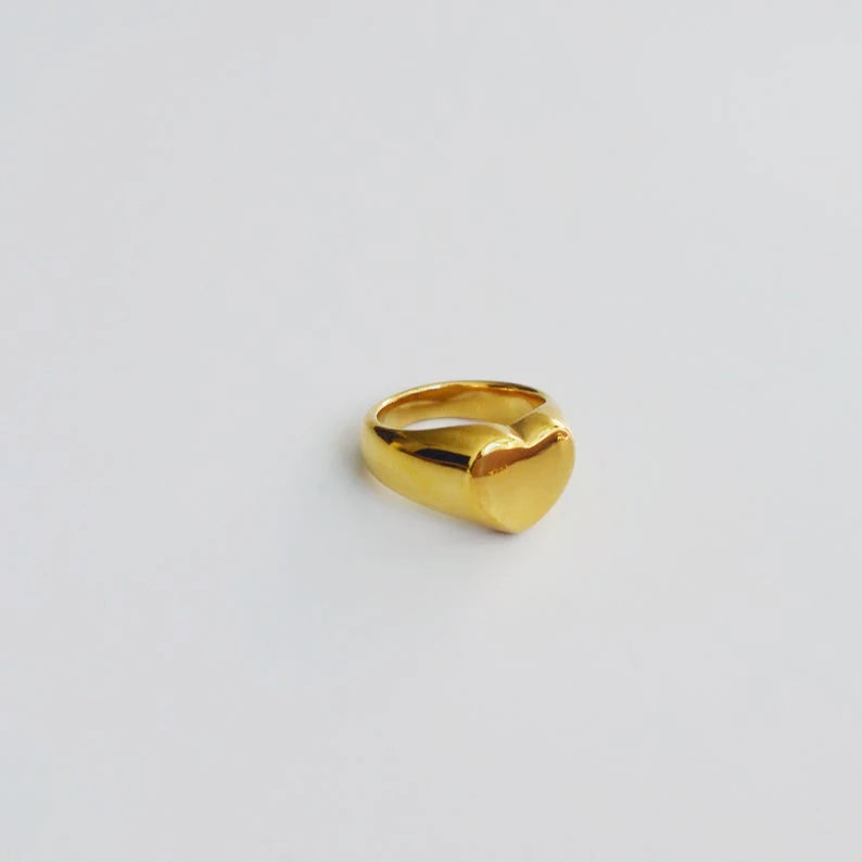 Women Trending 18K Gold Plated Minimalist Style Stainless Steel Jewelry Wide Band Ring Stackable Heart Signature Ring