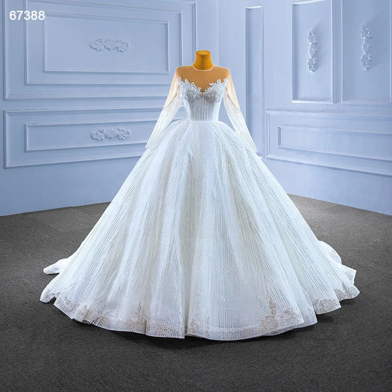 Jancember RSM67388 Crystal Long Sleeve White Lace Turkey Ball Gown Beaded Dresses Wedding
