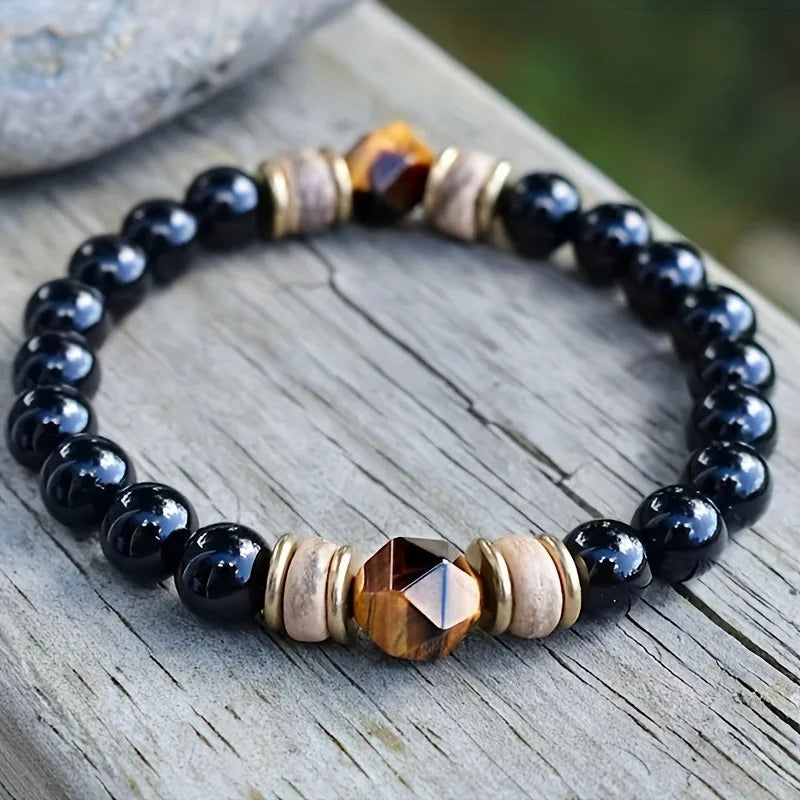 Handmade Cool Men Production Healing Crystal Natural Stone Simple Faceted Tiger Eye Stone Bead Black Obsidian Bracelet