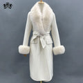 White Real Cashmere Coats Fox Fur Collar Jacket Winter Genuine Wool Coat for Women With Belt
