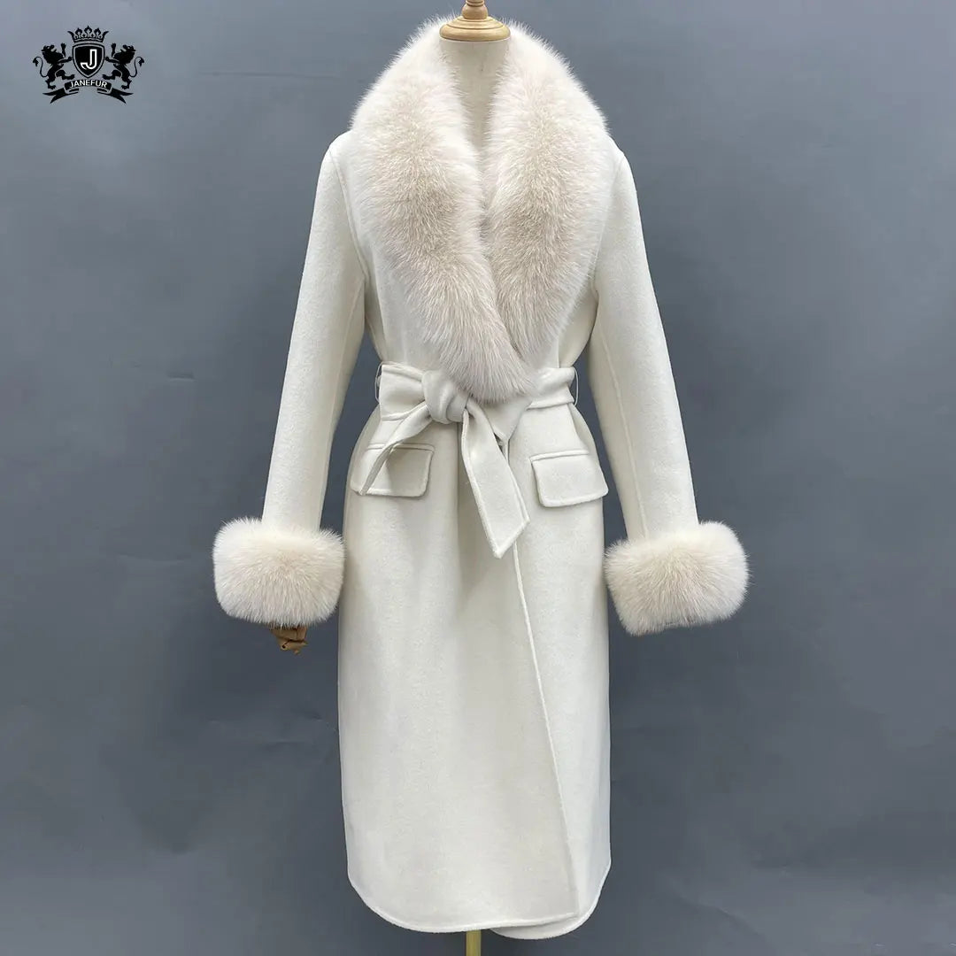 White Real Cashmere Coats Fox Fur Collar Jacket Winter Genuine Wool Coat for Women With Belt