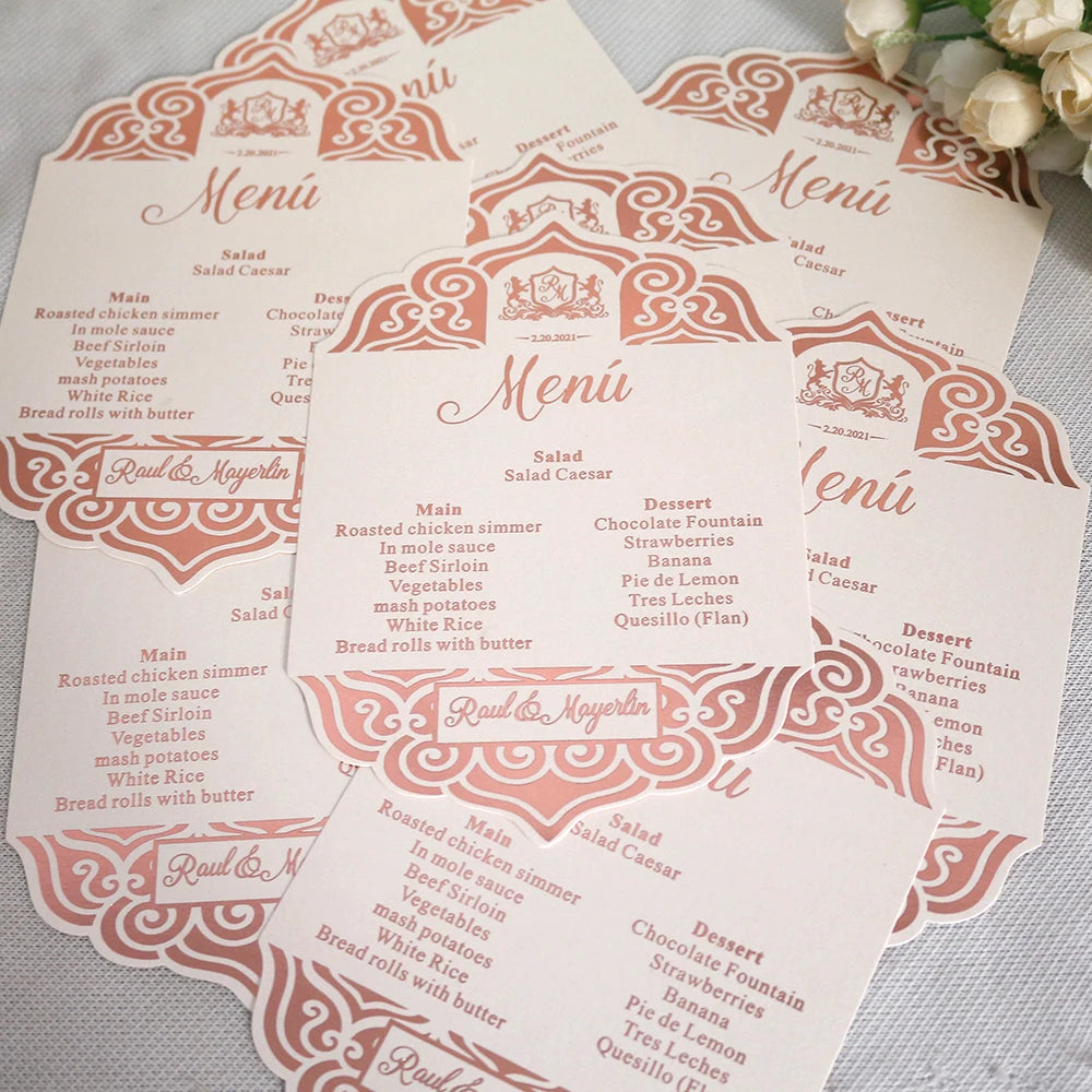 Creative Shape 5*7 Inches Place Setting Menu Cards DIY Elegant Design for Wedding Dinner Receptions Events with Blush Pink Foil