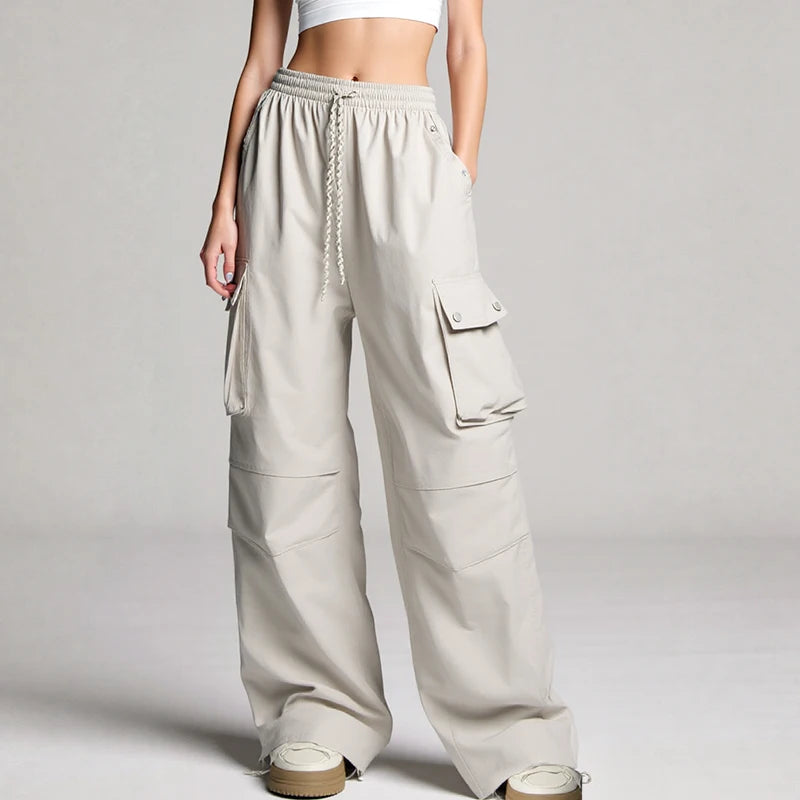 Quick Drying Breathable Nail Buckle Cargo Pants Women Loose Fit High Waist Wide Leg Sports Pants