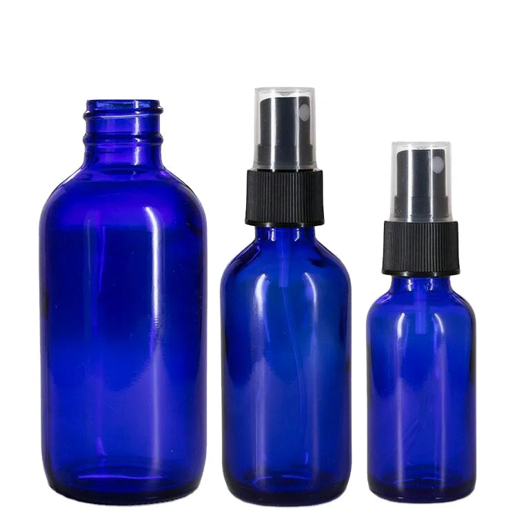 30ml 60ml 120ml 1 oz 2oz 4oz Cobalt Blue Boston Round Glass Bottle Refillable Essential Oil Perfume Spray Bottle with Clear Cap