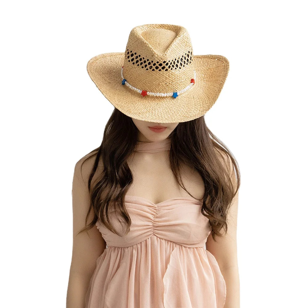 New Chic Women's Wide Brim Raffia Straw Cowboy Hat UPF 50+ UV Protection Fashionable Sun Cowgirl Hat for Beach Party Travel