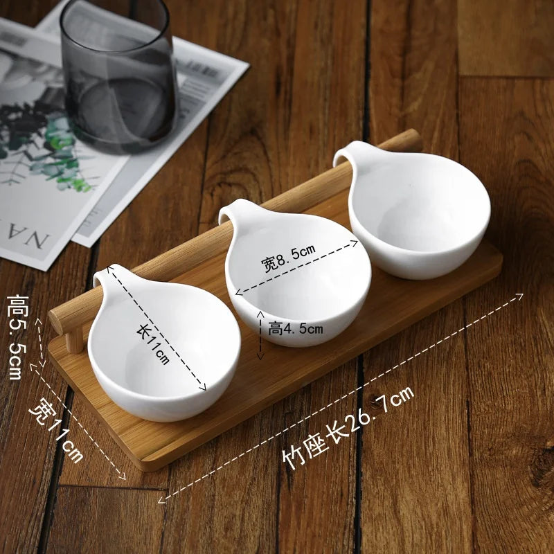 Best Selling Creative Ceramic Seasoning Dish with Bamboo Mat Divided Grid Snack Dish Flavor Restaurant Hotel Sauce Bowl