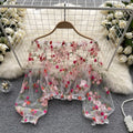 RNSHANGER Elegant Chiffon Mesh Puff Sleeve Slash Neck Blouse Chic Korean Fashion Top Women Slim Spring Casual Slim Lace Shirts