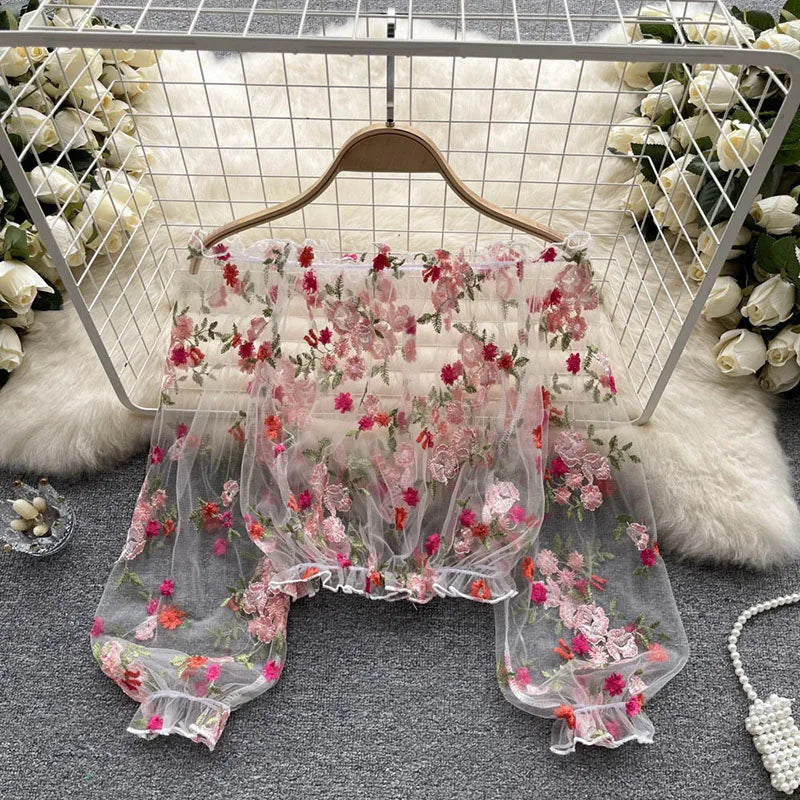 RNSHANGER Elegant Chiffon Mesh Puff Sleeve Slash Neck Blouse Chic Korean Fashion Top Women Slim Spring Casual Slim Lace Shirts