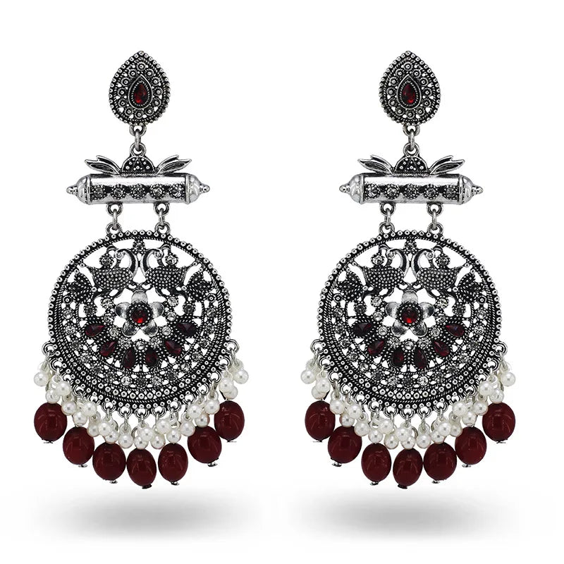 Indian Oxidized Jewelry Floral Leaf Design Antique Boho Vintage Metal Balls Beads Charm Chandbali Dangle Earring Set for Women